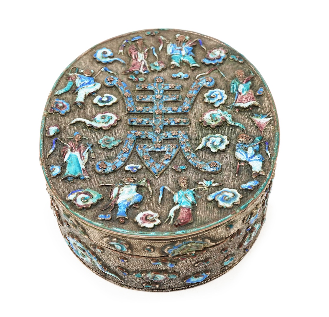 A Chinese silver plated and enamel ‘eight immortals’ oval box, late 19th century